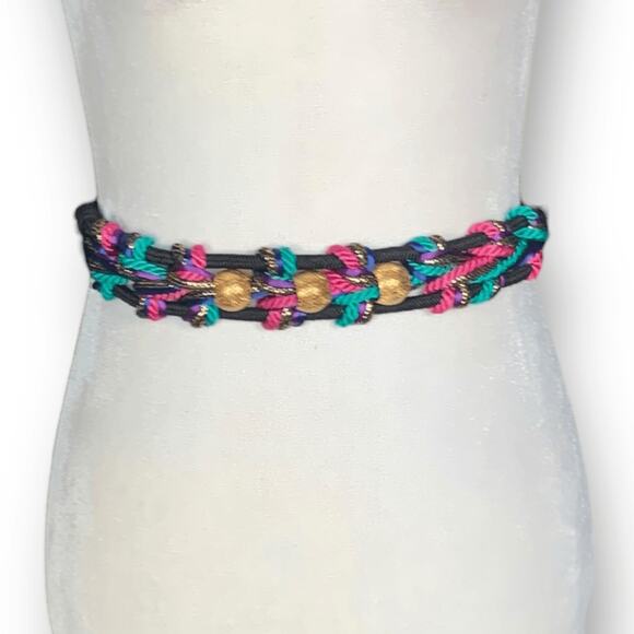 Vintage Bungee Statement Belt Black Fuchsia Multicolor Braided Woven Golden Bead main image 7
